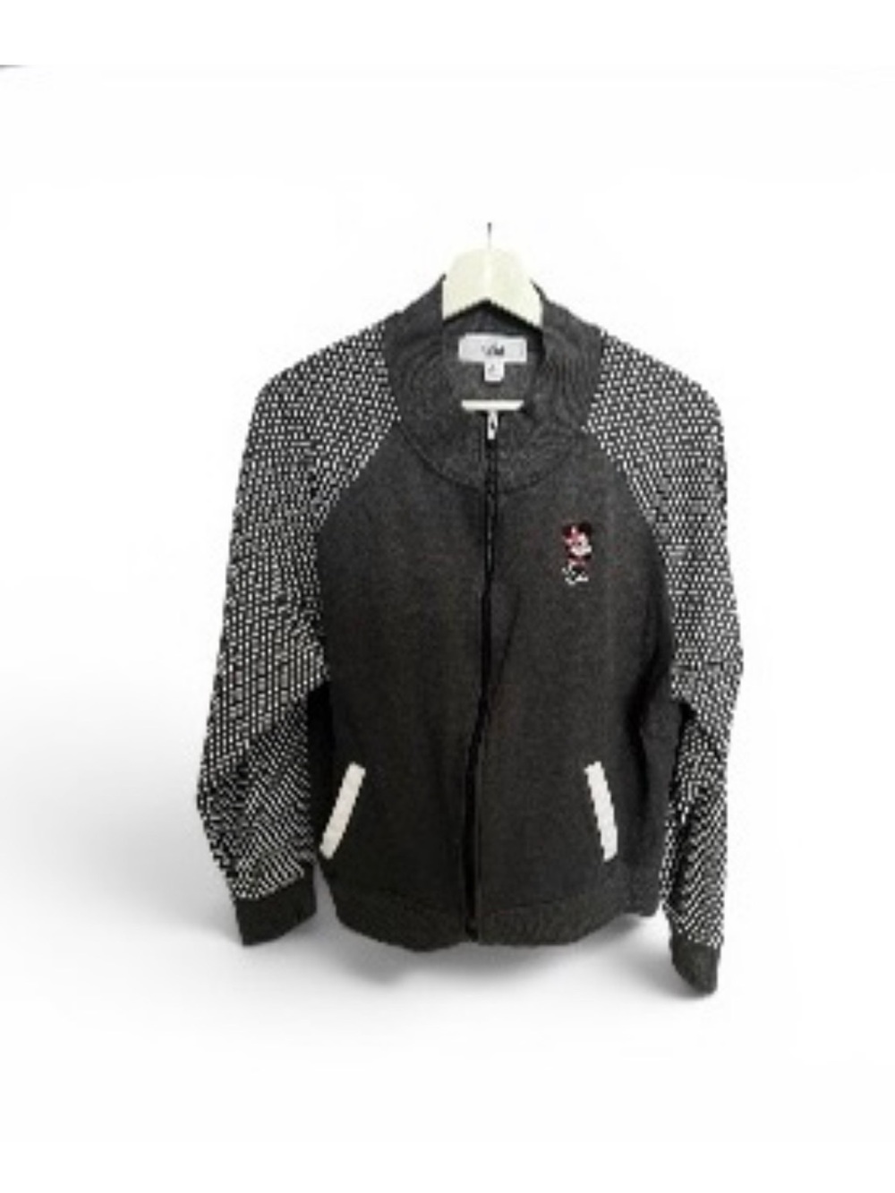 Disney Women's Dark Gray Bomber Jacket with Patterned Black-and-White Sleeves